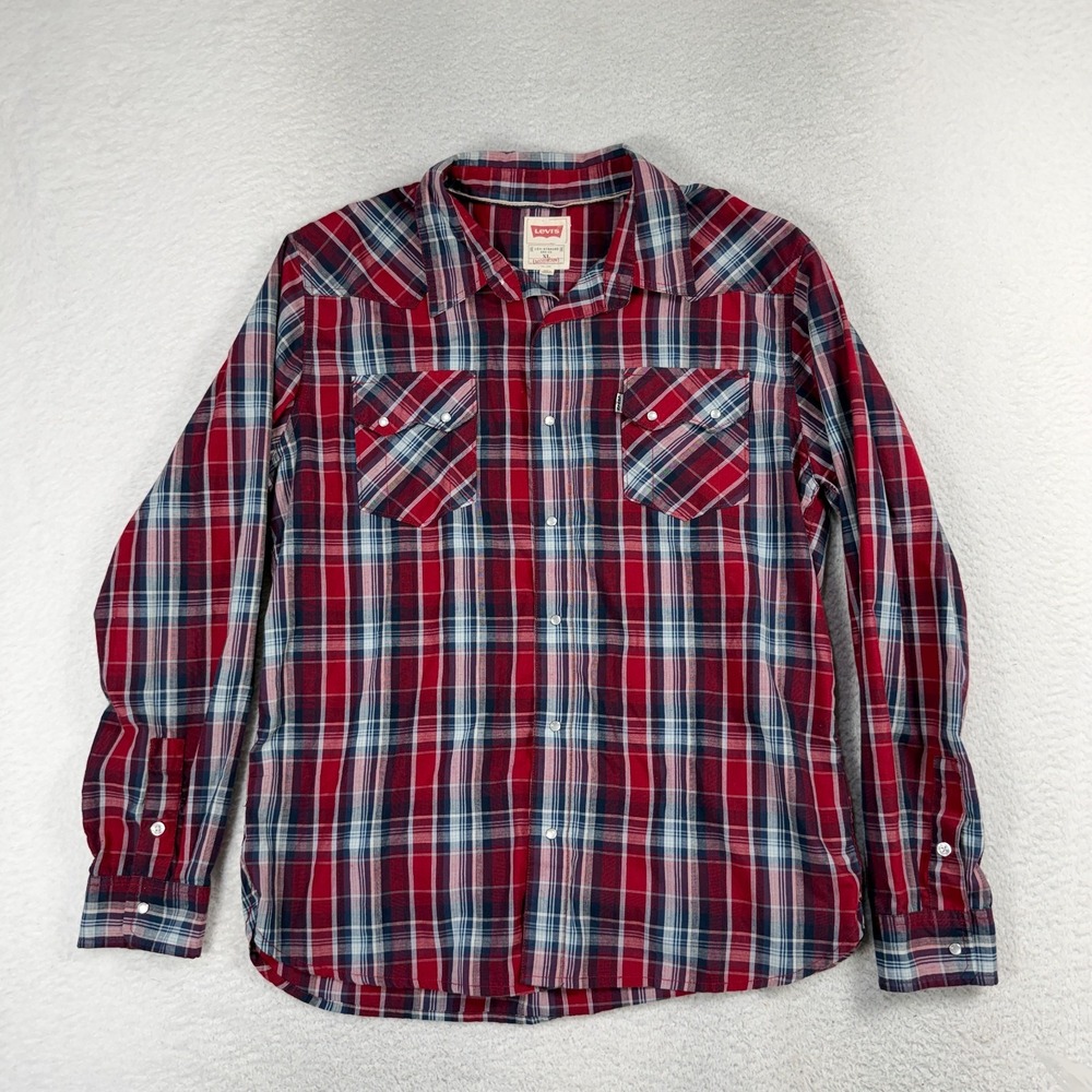 Levis Western Red Plaid Pearl Snap Mens Modern Fit Long Sleeve Shirt Size XL
